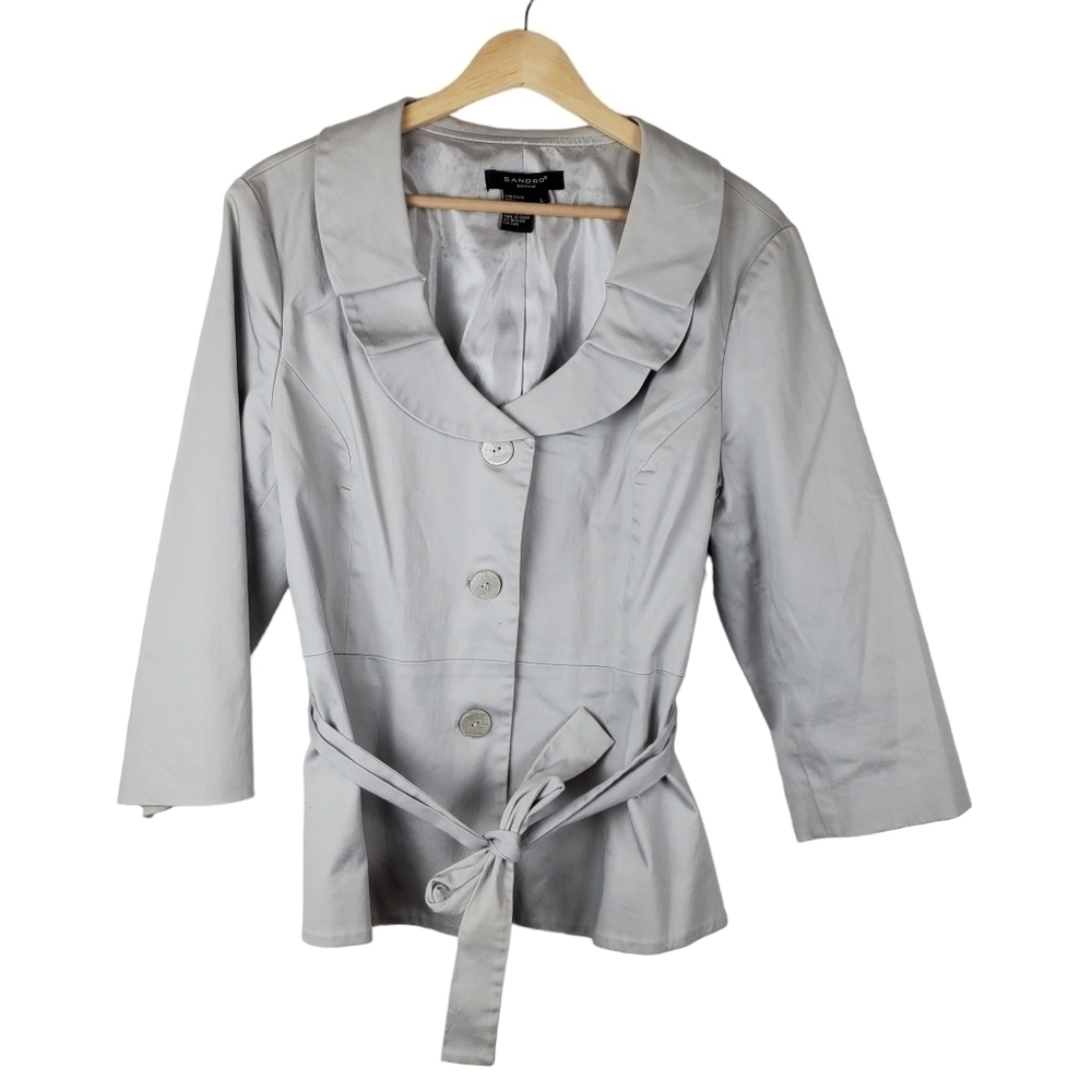 Sandro‎ Jacket Womens Large Gray Silver Blazer Tie Waist Button Up 3/4 sleeves